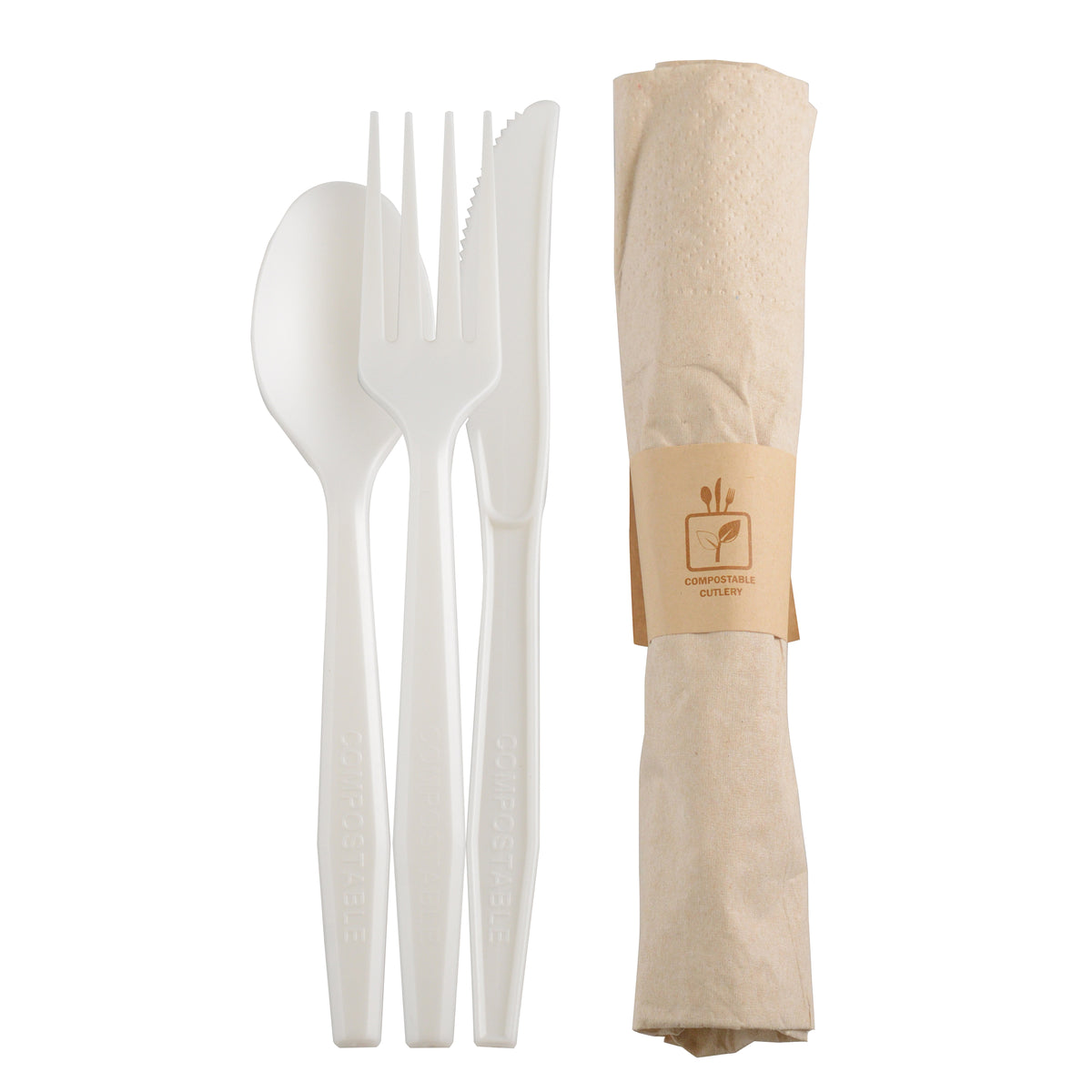 Napkin Roll - Fork, Spoon, Knife, CPLA, White — Case of 100 (Item 42CRFSK.WH)