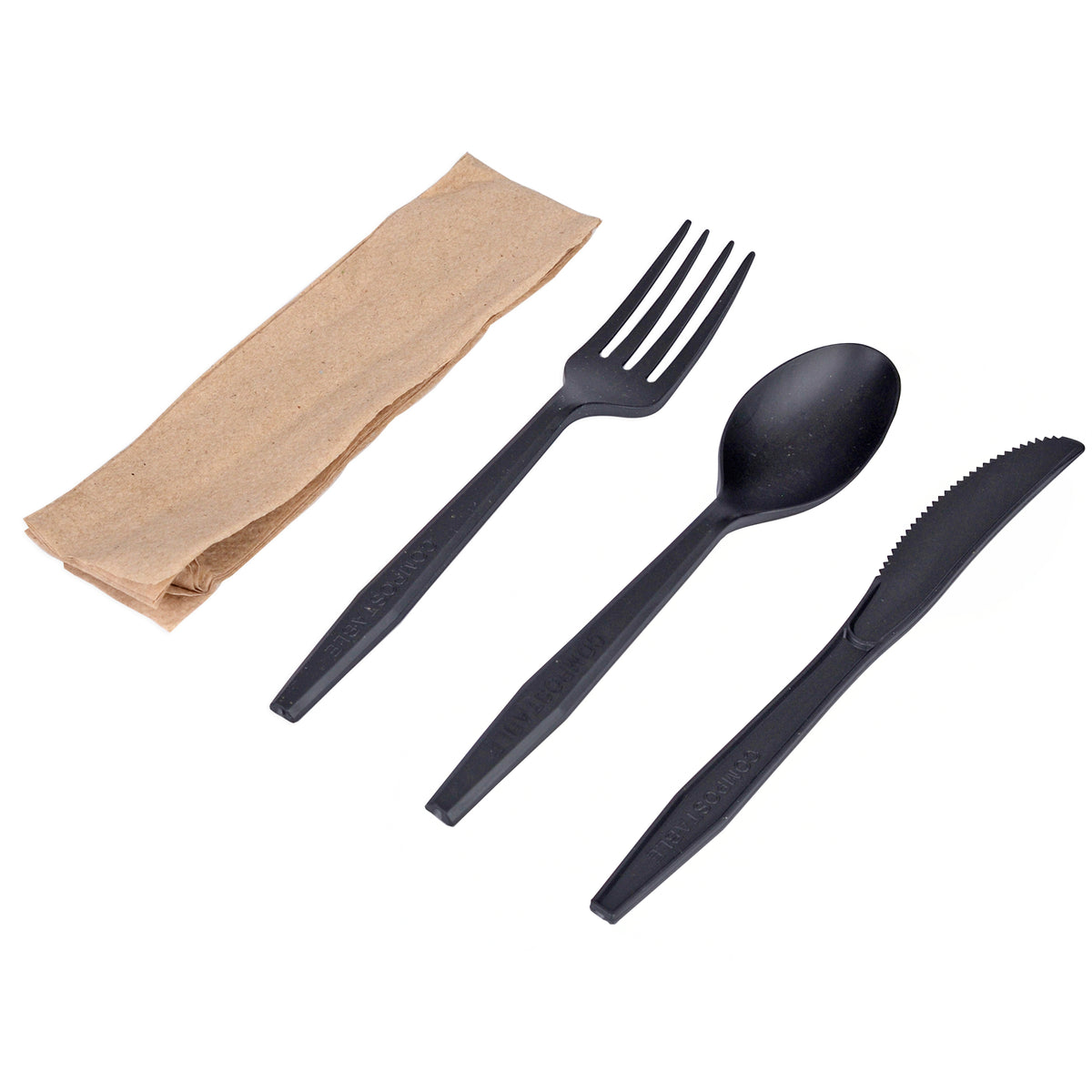 Wrapped Cutlery Kit F,S,K, w/ Napkin CPLA, Black — Case of 250 (Item 42CKFSK.BK)