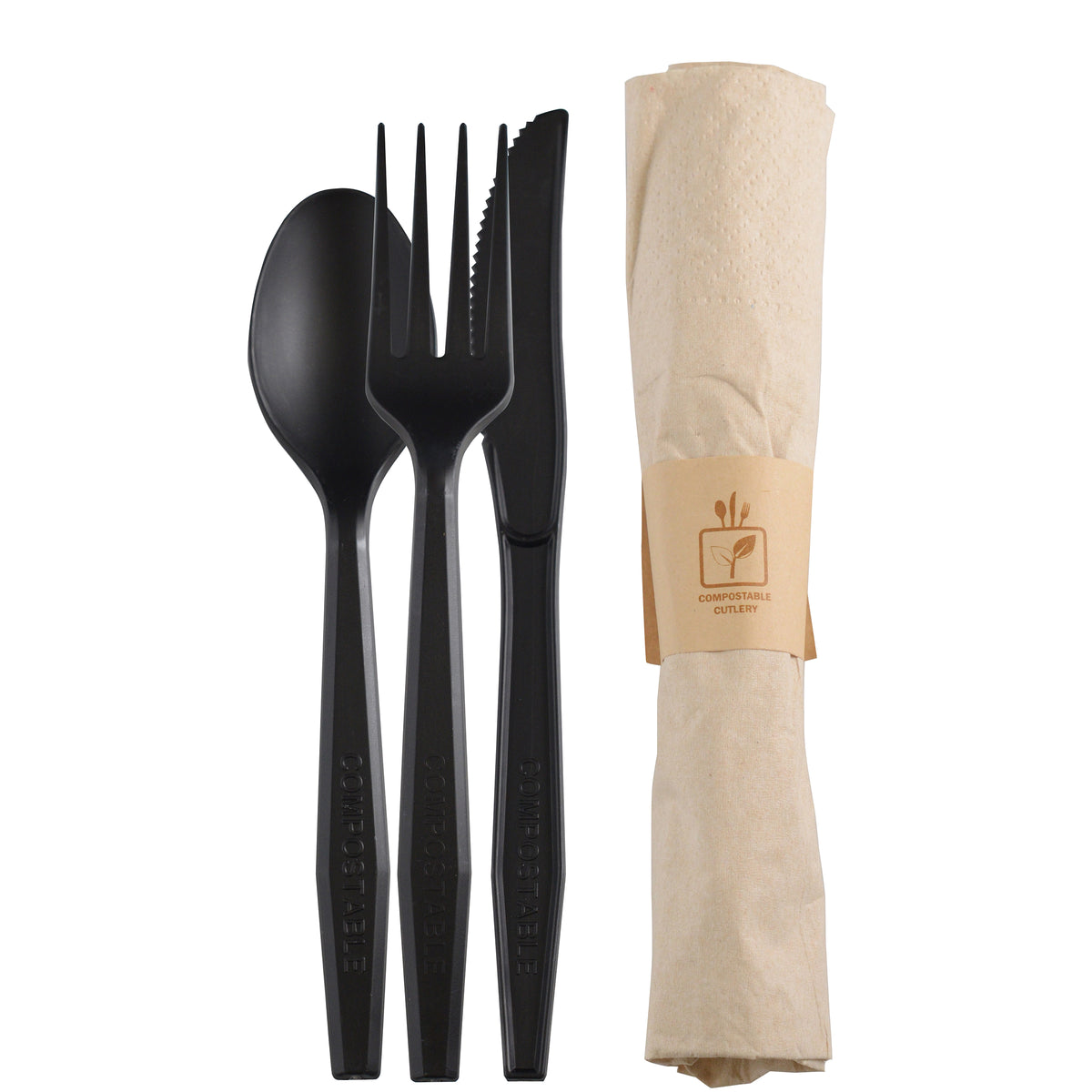 Napkin Roll - Fork, Spoon, Knife, CPLA, Black — Case of 100 (Item 42CRFSK.BK)