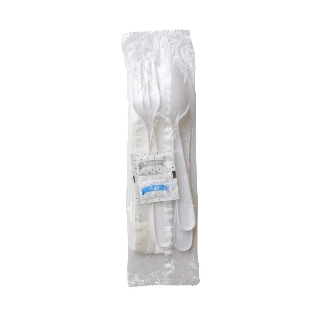 WRAPPED CUTLERY KIT - F, S, K, W/ NAPKIN S&P, PP BLACK, WHITE