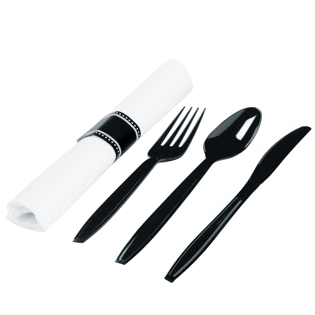 Wrapped Napkin Roll - Fork,Spoon,Knife, PS, Black — Case of 100 (Item 2540-BK)