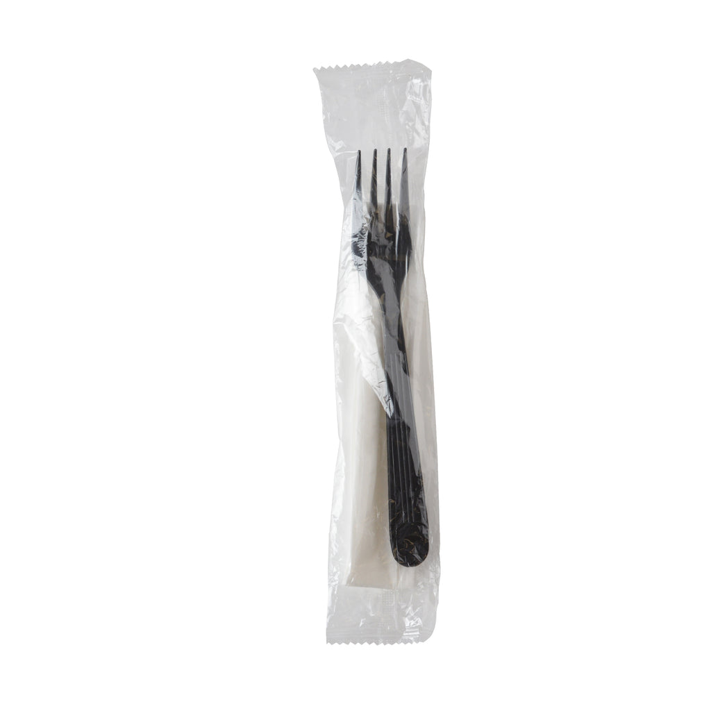 6.5" FORK WRAPPED W/ 13X13 1 PLY NAPKIN, PP BLACK, WHITE