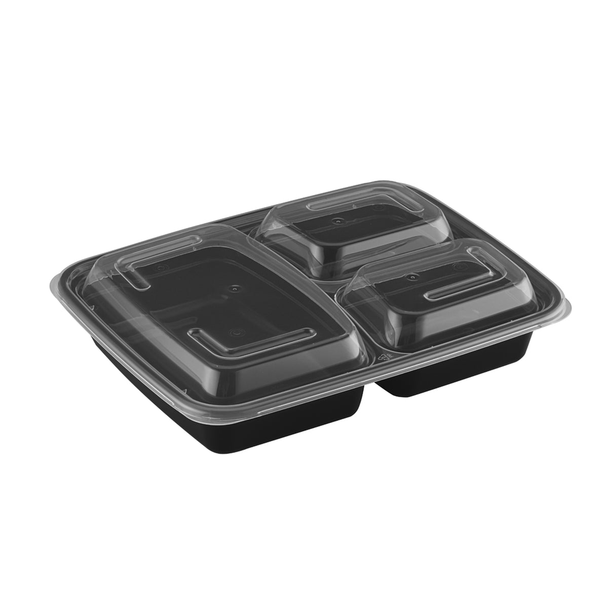 28 oz. 3 Sec Rectangular Bowl w/ Lid, PP, Black/Clear (Item 17CPRCB28S3)