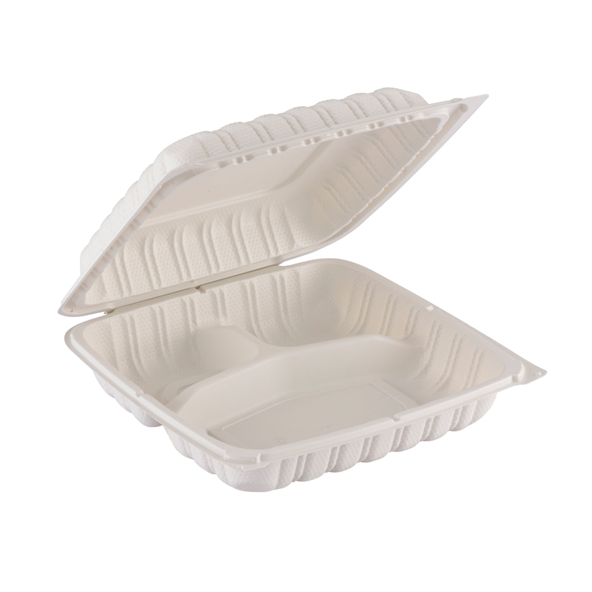 9" X 9" Square Hinged 3 Section Mineral Filled PP Container, White — Case of 150 (Item 17SH9S3PP.WH)