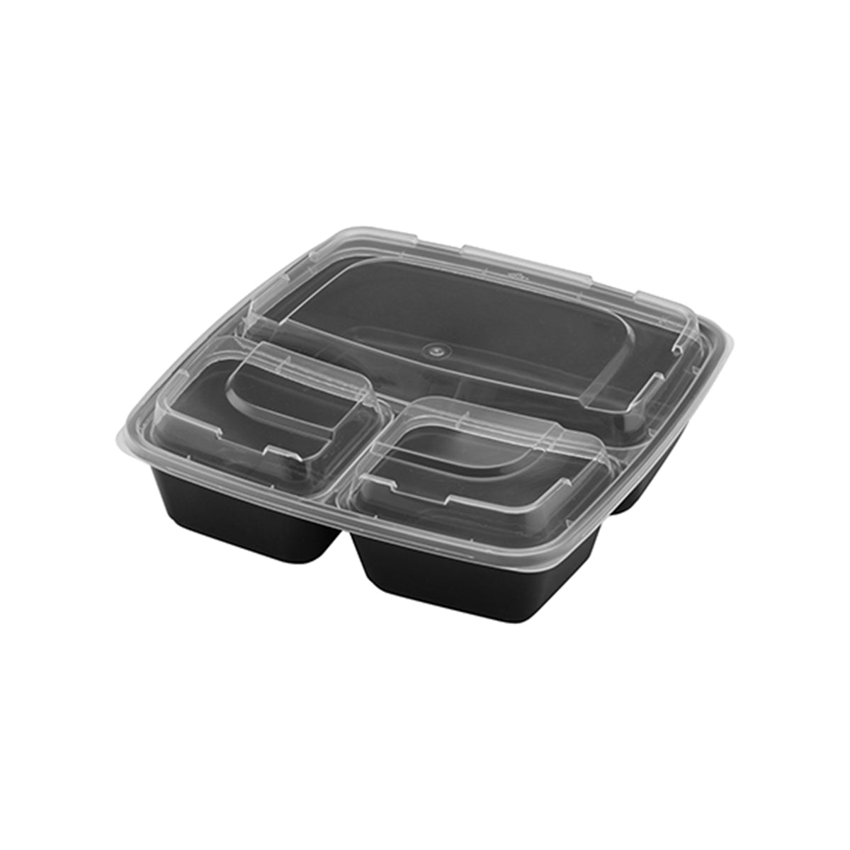 48 oz. 3 Sec Square Bowl w/ Lid, PP, Black/Clear (Item 17CPSB48S3)