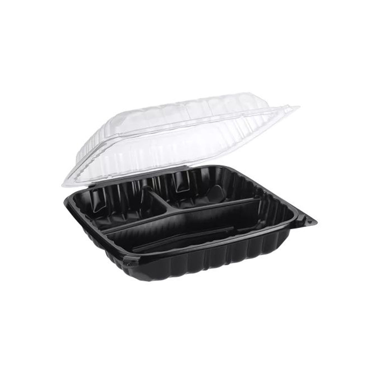 9" X 9" Square Hinged 3 Section Duo Colored PP Container, Black/Clear — Case of 100 (Item 172SH9S3V2.BKCL)