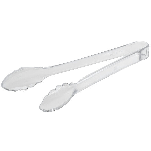 Fineline 9 1/4" Clear Heavy-Duty Disposable Plastic Scalloped Serving Tongs - 24/Case Black, Clear, White