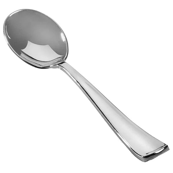 Fineline 6" Extra Heavy Weight Silver Plastic Soup Spoon - 600/Case