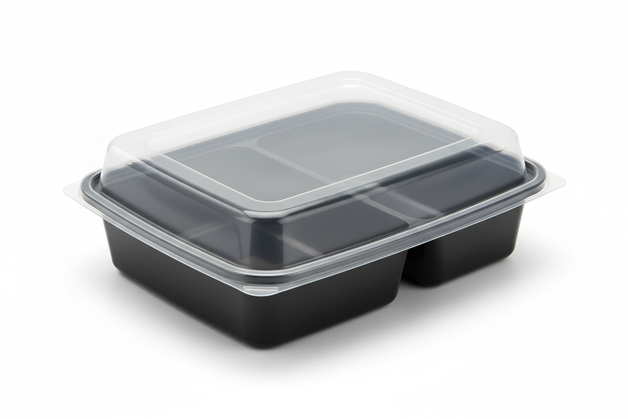 30 to 32 oz 2 Compartment Microwavable Plastic Black Container with Cloudy Clear Dome

RT-828 150 sets per case