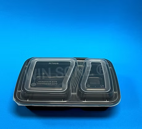 30 to 32 oz 2 Compartment Microwavable Plastic Black Container with Cloudy Clear Dome