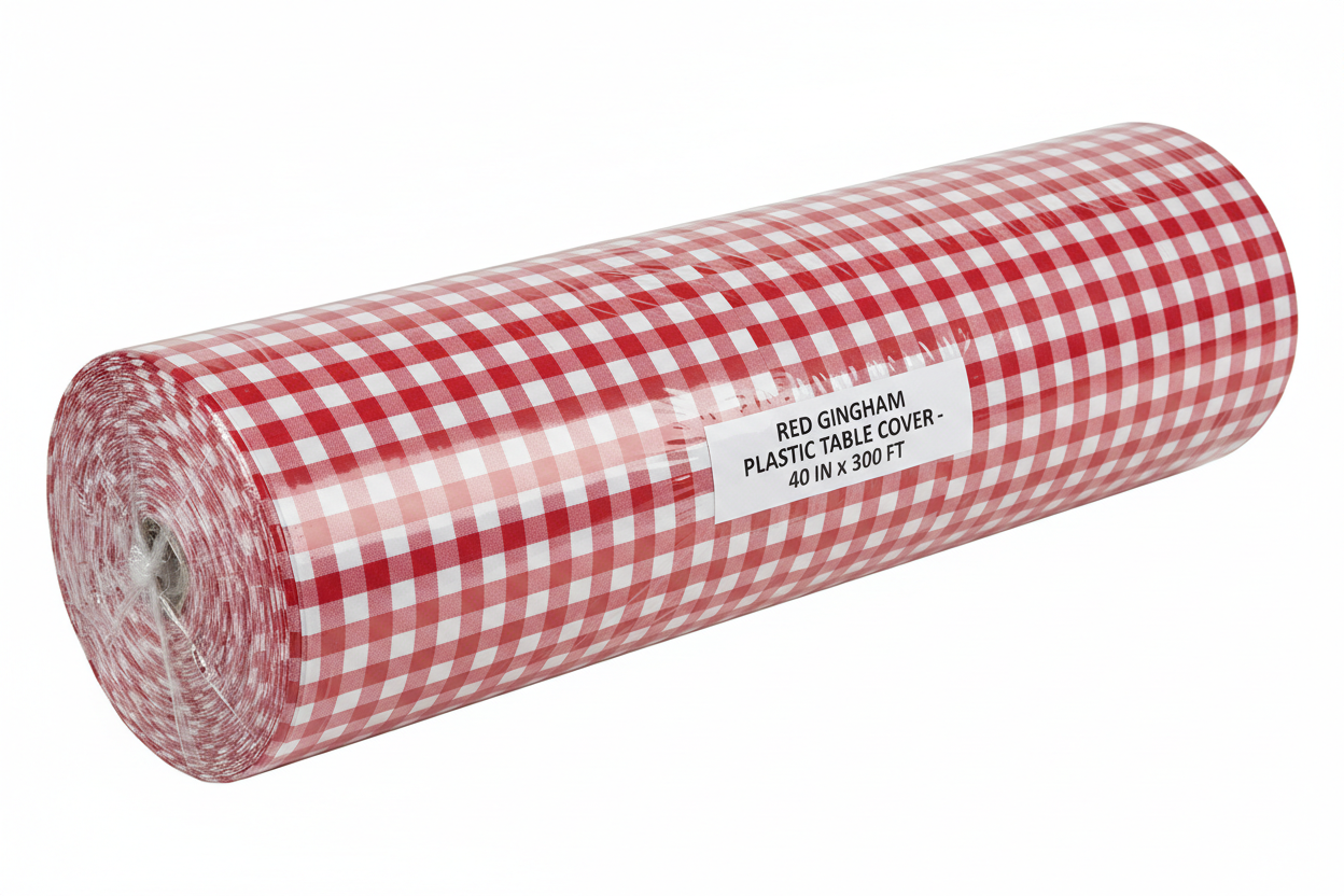 40" x 300' Plastic Table Cover Roll Red Gingham