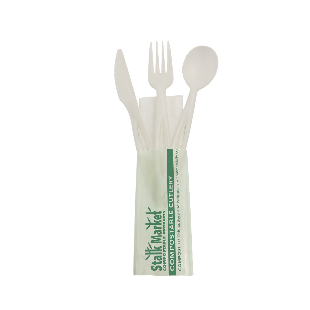 Wrapped 6.5" Cutlery Kit F,S,K, w/ Napkin Leaf Style, CPLA, White — Case of 250 (Item 47CPLA005.WH)