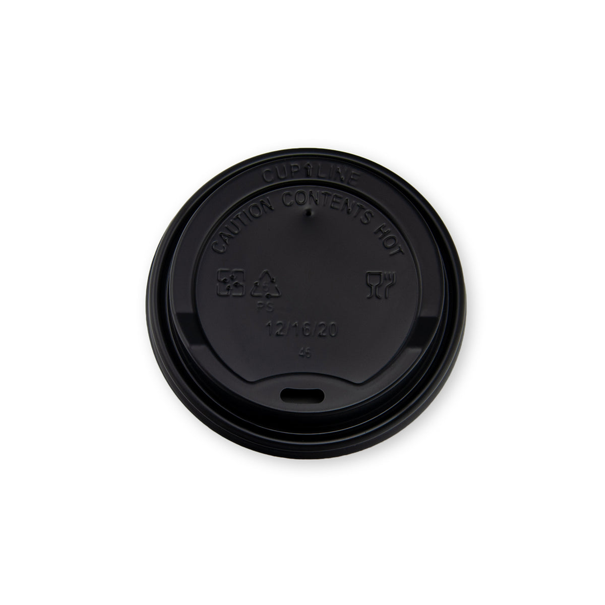 Hot Cup Lid Fits 10-20 oz. (90 mm), PS, Black — Case of 1000 (Item 47PSLID90.BK)