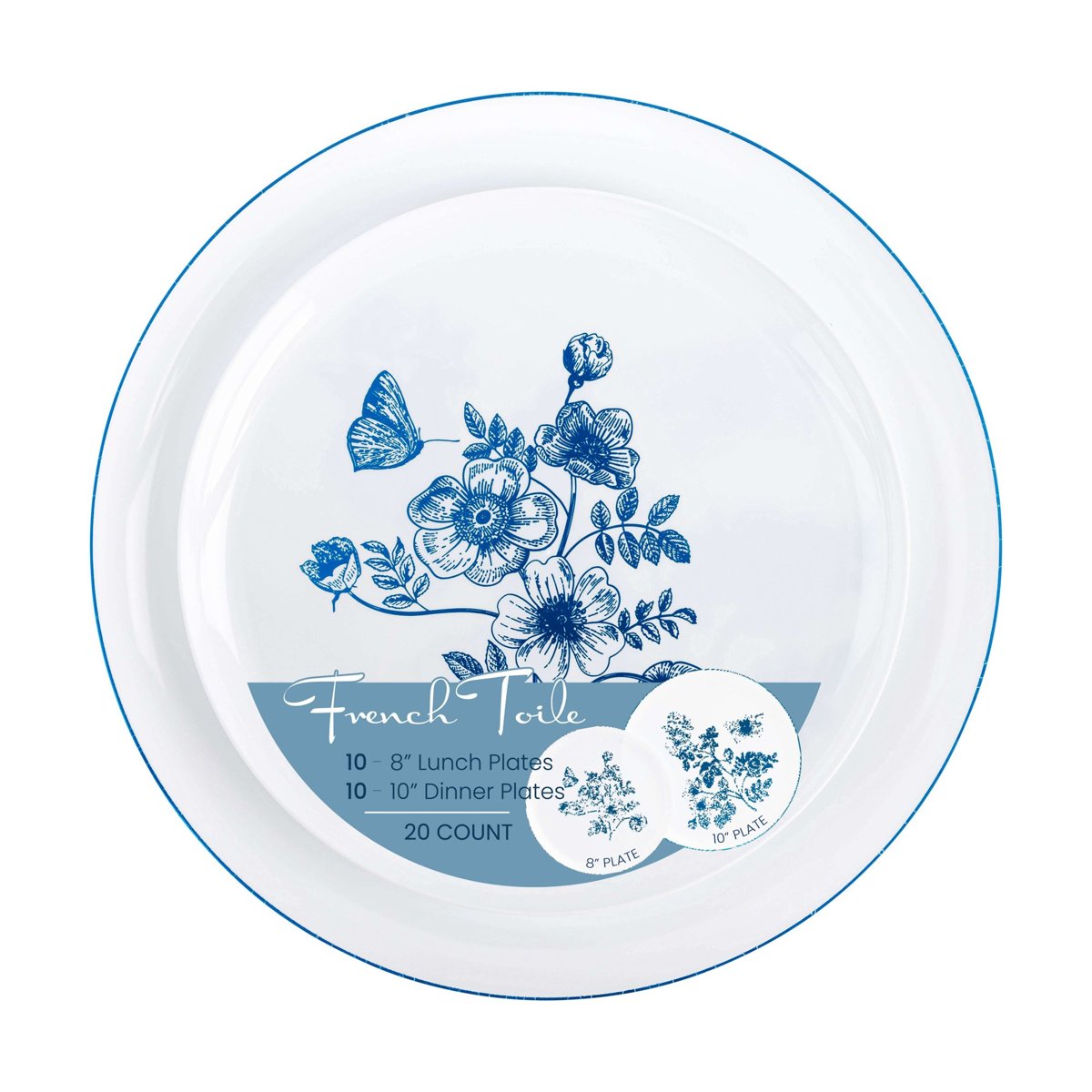 French Toile Plates Combo 8" + 10" - Blue/White (BST-4475)