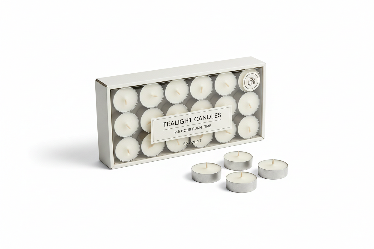 Tealights up to 2.5 hours of burn time 50 per box